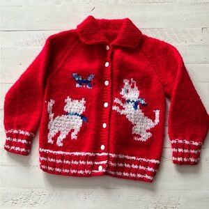 Vintage Child's Cowichan-Style Handknit Red Cardigan Puppy, Kitty and Butterfly
